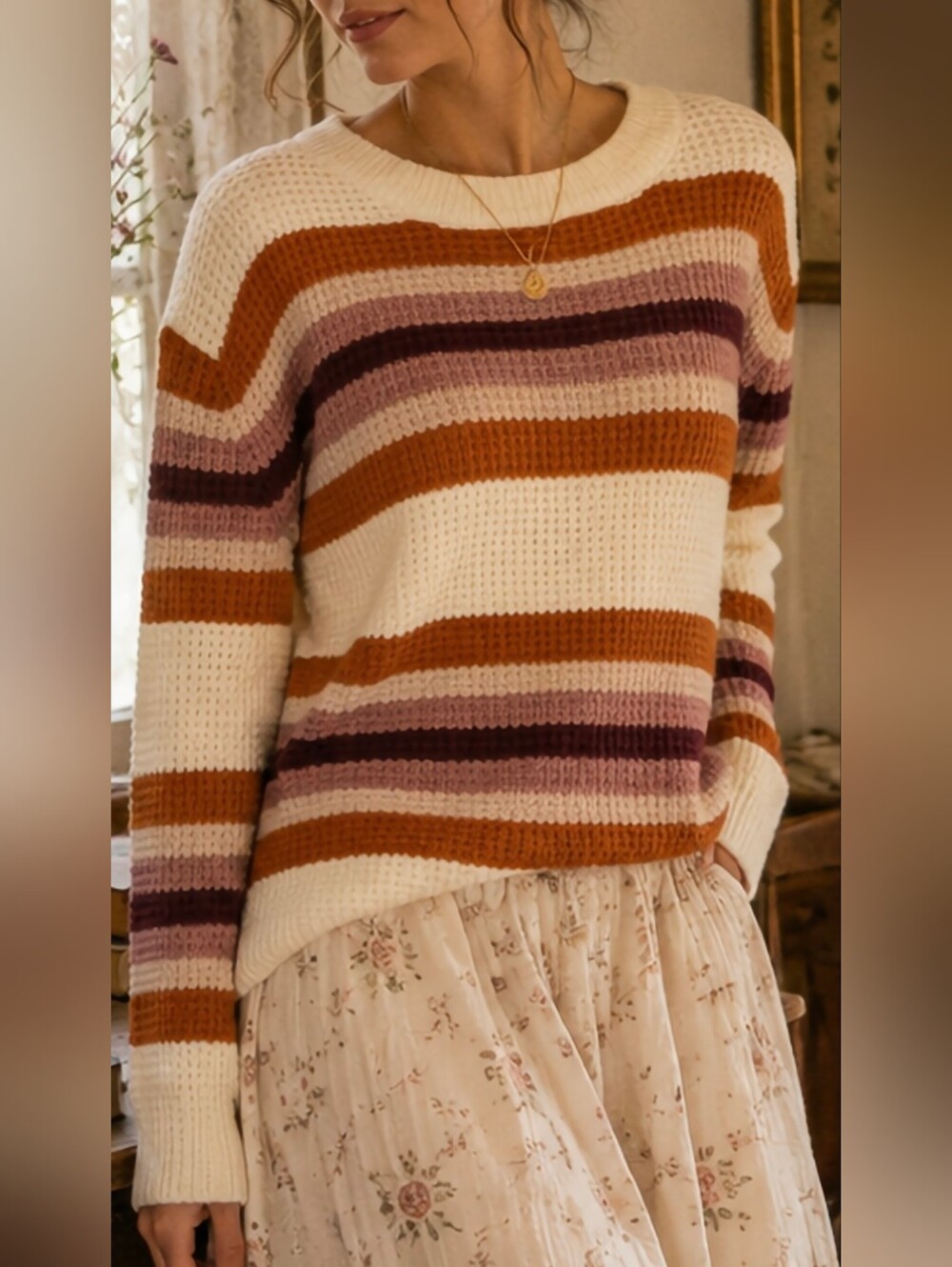 Cozy Co. Rust Mauve Striped Waffle Knit Sweater Women’s S/M Boho Cozy